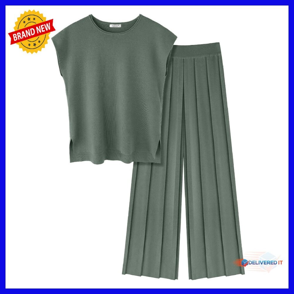 Knit Lounge Set Cap Sleeve Top Wide Leg Pants Women's Two Piece Outfit